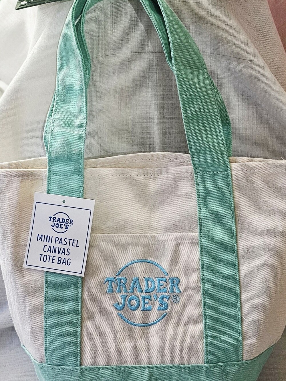 New Trader Joe's Mint Green & Cream Mini Canvas Tote / shopping / lunch bag